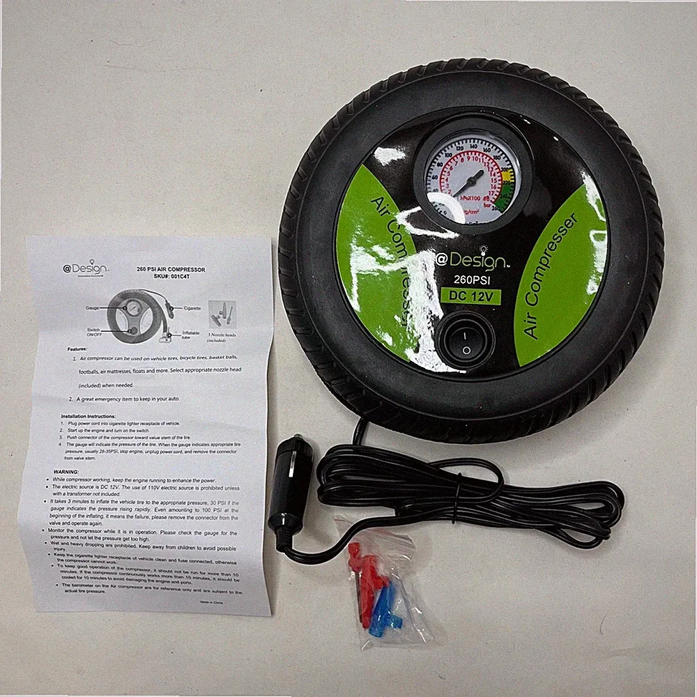 @ Design 12 VDC Portable Car Air Compressor 260 PSI Lighter Plug Adapter Nozzles