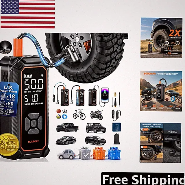 Dual Power Tire Inflator with LED Display - Cordless & Corded, 6000mAh Capacity