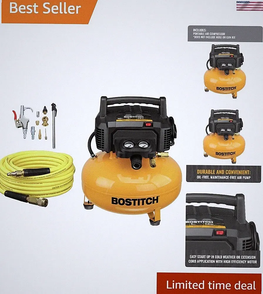 Efficient 6 Gallon Oil-Free Air Compressor with High-Flow Regulator & 50' Hose